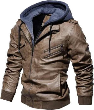 Mens Vintage Faux Leather Jacket Bomber Racer Moto Jacket with Removable Hood