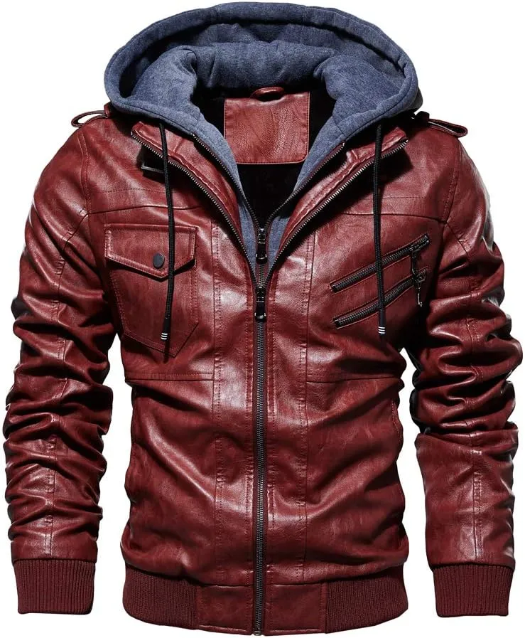 Mens Vintage Faux Leather Jacket Bomber Racer Moto Jacket with Removable Hood