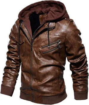 Mens Vintage Faux Leather Jacket Bomber Racer Moto Jacket with Removable Hood