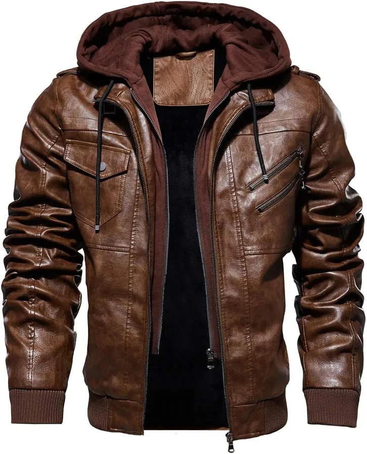 Mens Vintage Faux Leather Jacket Bomber Racer Moto Jacket with Removable Hood
