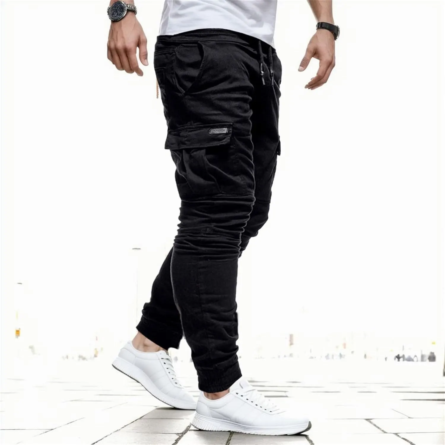 Men's Workout Cargo Pants Drawstring Elastic Waist Joggers Hiking Outdoor Athletic Sweatpants with Pockets Trousers