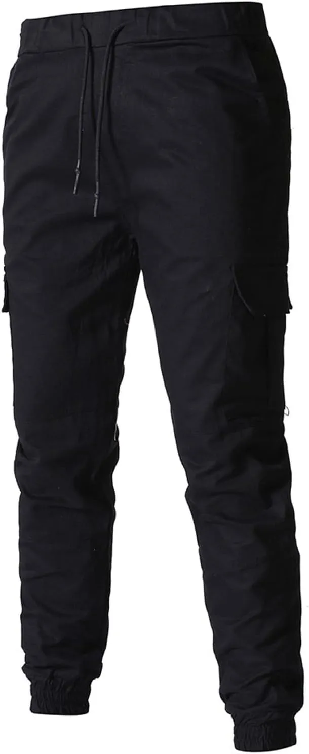 Men's Workout Cargo Pants Drawstring Elastic Waist Joggers Hiking Outdoor Athletic Sweatpants with Pockets Trousers