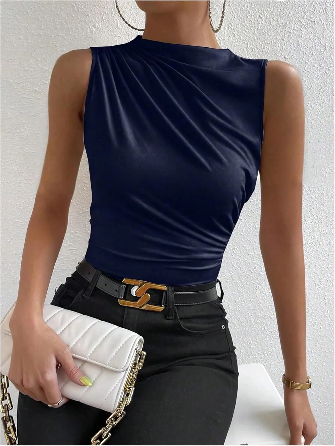 Milumia Women's Metallic Textured Ruched Mock Neck Tank Top Sleeveless Slim Fit Work Shirt Tops