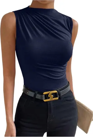 Milumia Women's Metallic Textured Ruched Mock Neck Tank Top Sleeveless Slim Fit Work Shirt Tops