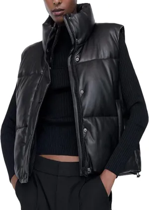 Mingzhu Faux Leather Puffer Vest for Women Sleeveless Winter Padded Jacket Vest Gilet