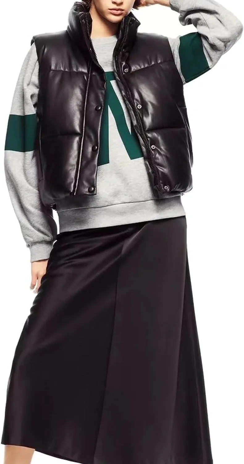 Mingzhu Faux Leather Puffer Vest for Women Sleeveless Winter Padded Jacket Vest Gilet