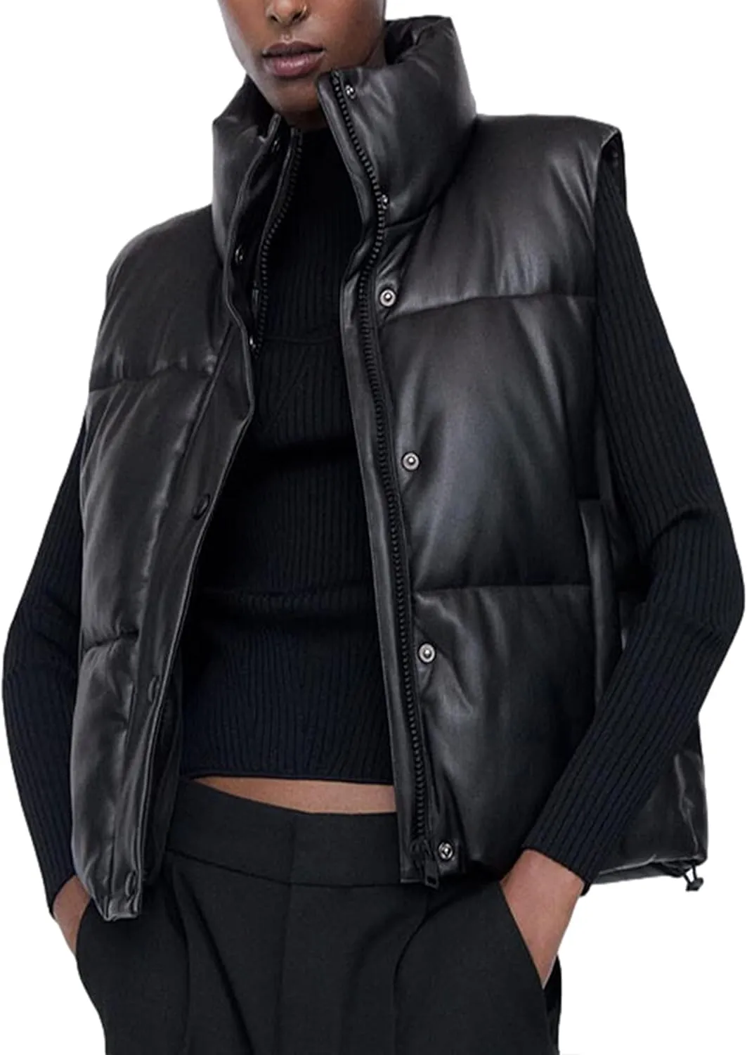 Mingzhu Faux Leather Puffer Vest for Women Sleeveless Winter Padded Jacket Vest Gilet