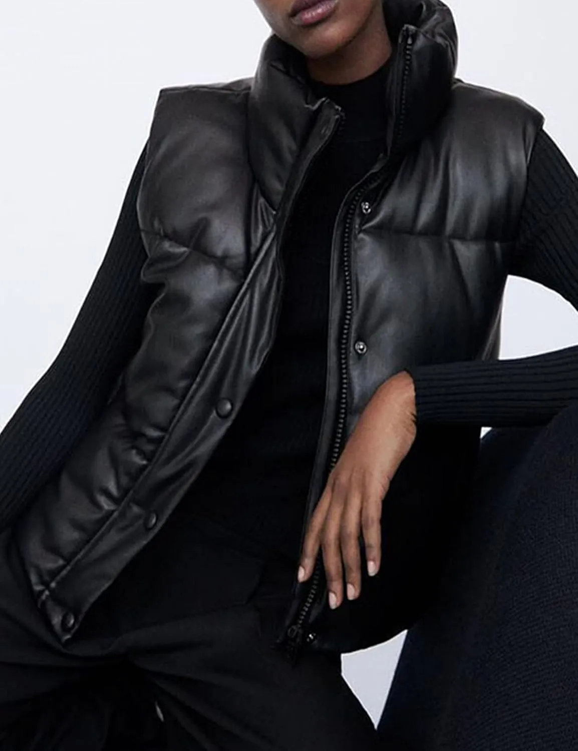 Mingzhu Faux Leather Puffer Vest for Women Sleeveless Winter Padded Jacket Vest Gilet