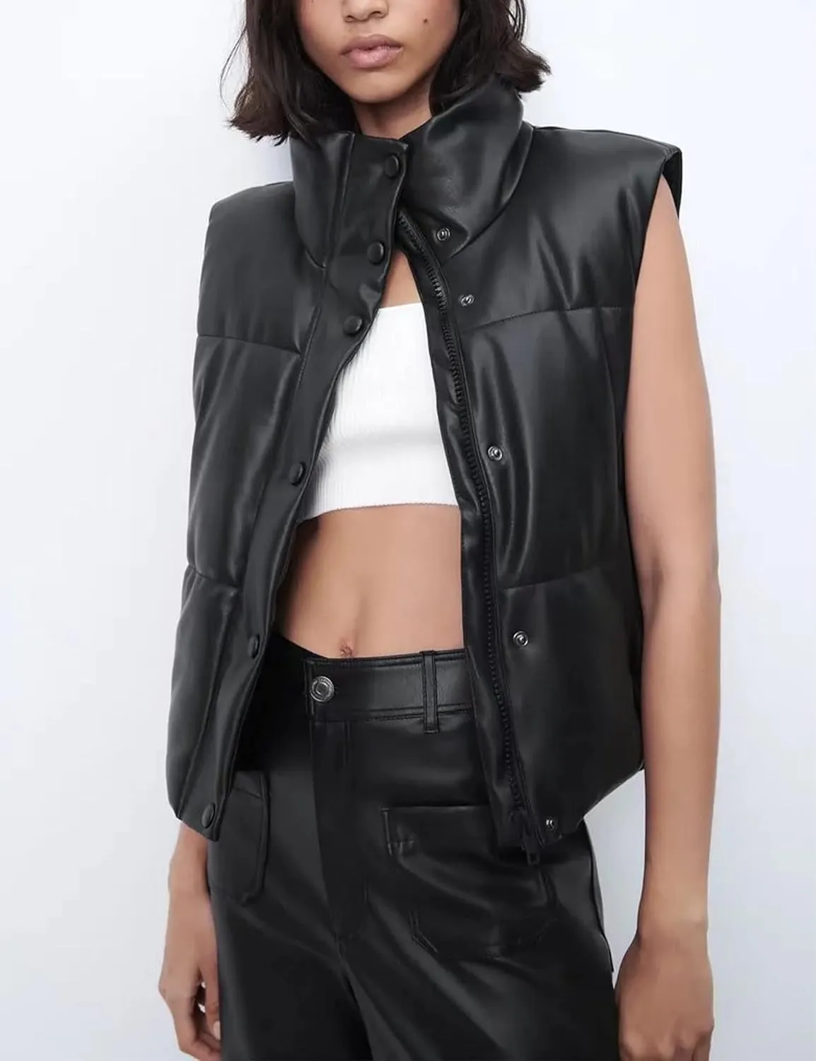 Mingzhu Faux Leather Puffer Vest for Women Sleeveless Winter Padded Jacket Vest Gilet