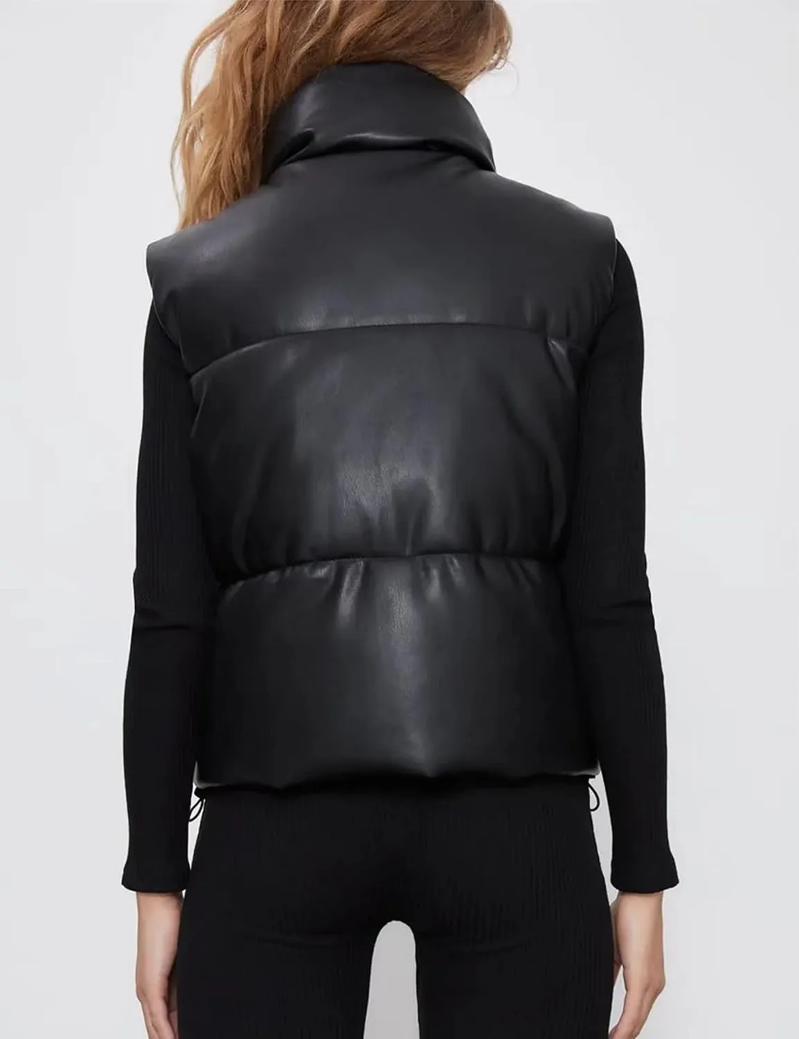 Mingzhu Faux Leather Puffer Vest for Women Sleeveless Winter Padded Jacket Vest Gilet