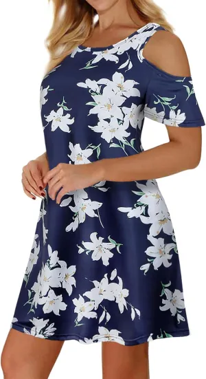 Misyula Style Womens Summer Cold Shoulder Floral Flowy T-Shirt Dress with Pockets