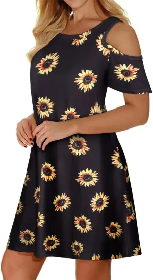 Misyula Style Womens Summer Cold Shoulder Floral Flowy T-Shirt Dress with Pockets