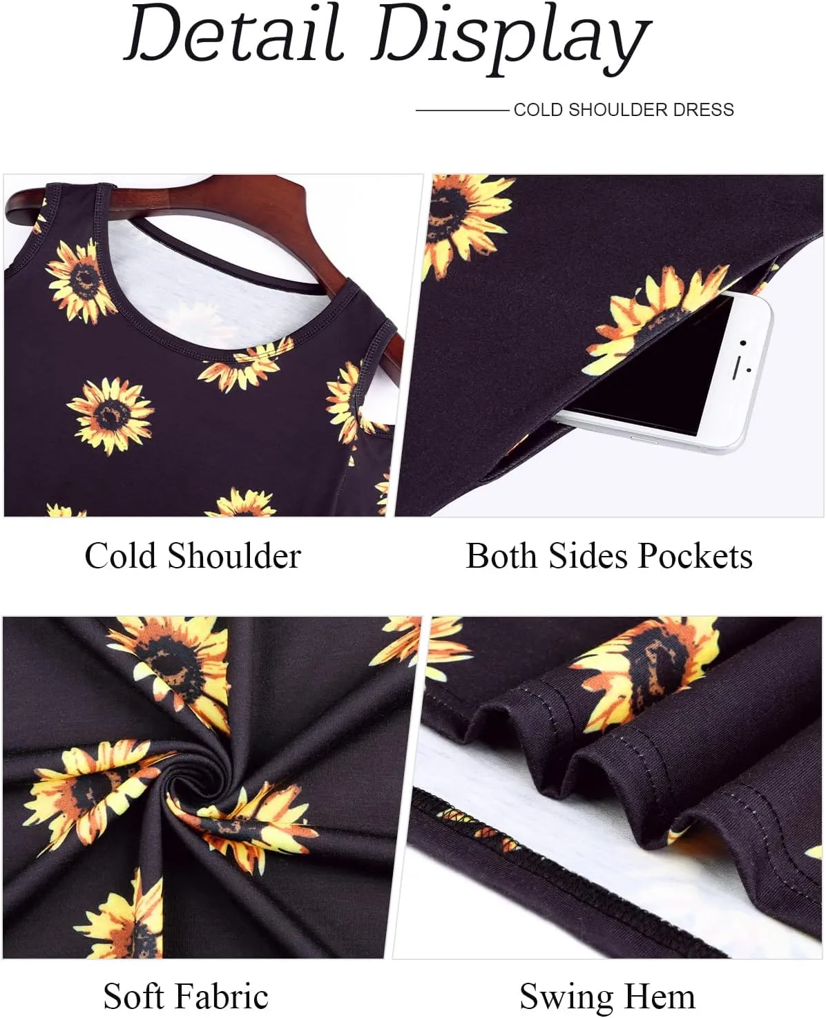 Misyula Style Womens Summer Cold Shoulder Floral Flowy T-Shirt Dress with Pockets