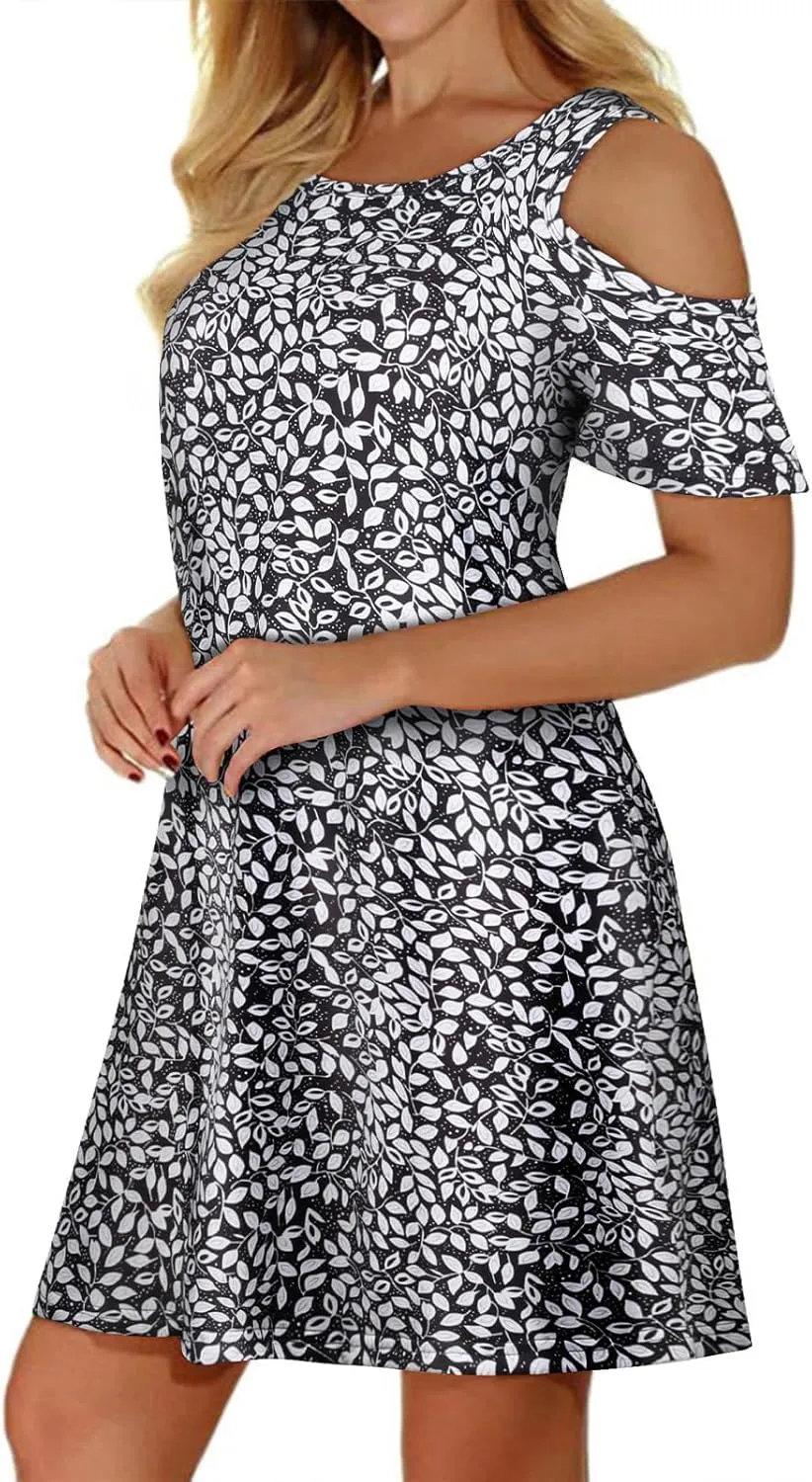 Misyula Style Womens Summer Cold Shoulder Floral Flowy T-Shirt Dress with Pockets