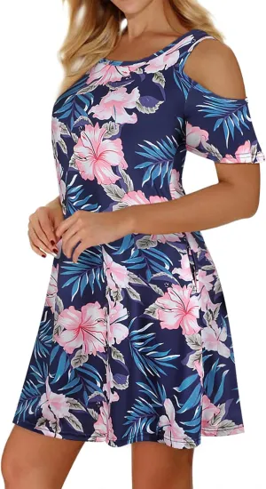 Misyula Style Womens Summer Cold Shoulder Floral Flowy T-Shirt Dress with Pockets