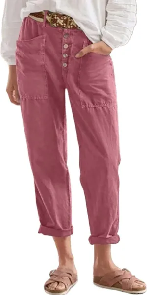 Miyaomn Casual Button-Fly Linen Pants for Women Elastic Waist in The Back Wide Leg Casual Joggers Summer Cotton Work Trousers