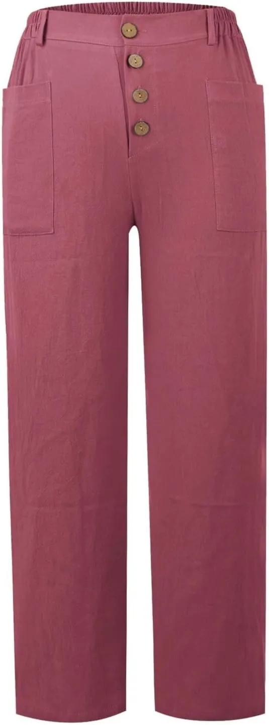 Miyaomn Casual Button-Fly Linen Pants for Women Elastic Waist in The Back Wide Leg Casual Joggers Summer Cotton Work Trousers