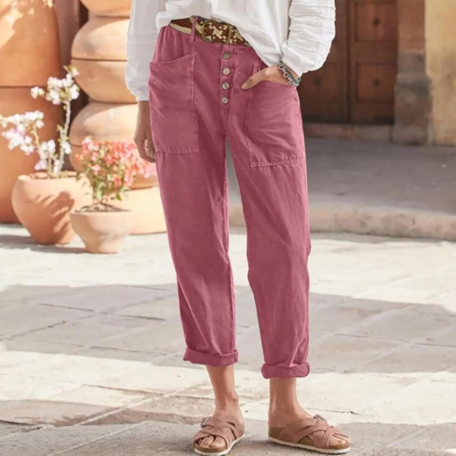 Miyaomn Casual Button-Fly Linen Pants for Women Elastic Waist in The Back Wide Leg Casual Joggers Summer Cotton Work Trousers