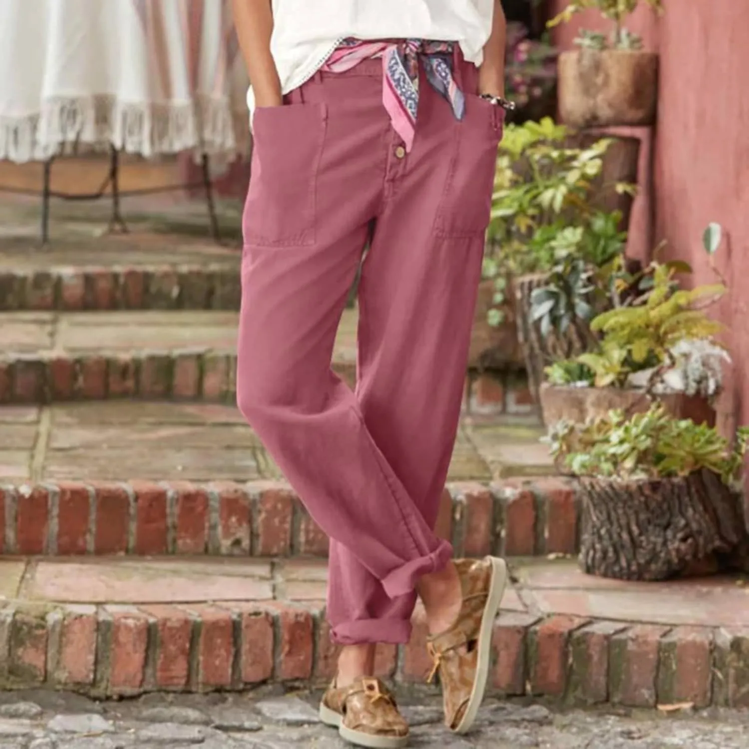 Miyaomn Casual Button-Fly Linen Pants for Women Elastic Waist in The Back Wide Leg Casual Joggers Summer Cotton Work Trousers