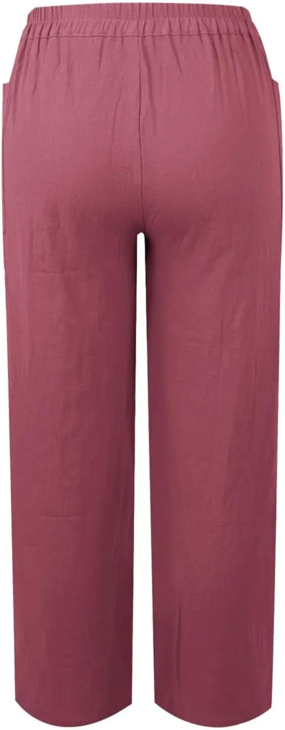 Miyaomn Casual Button-Fly Linen Pants for Women Elastic Waist in The Back Wide Leg Casual Joggers Summer Cotton Work Trousers