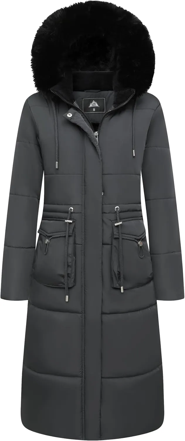 MOERDENG Women's Long Winter Puffer Coat Waterproof Warm Maxi Down Jacket Faux Fur Removable Hood Parka