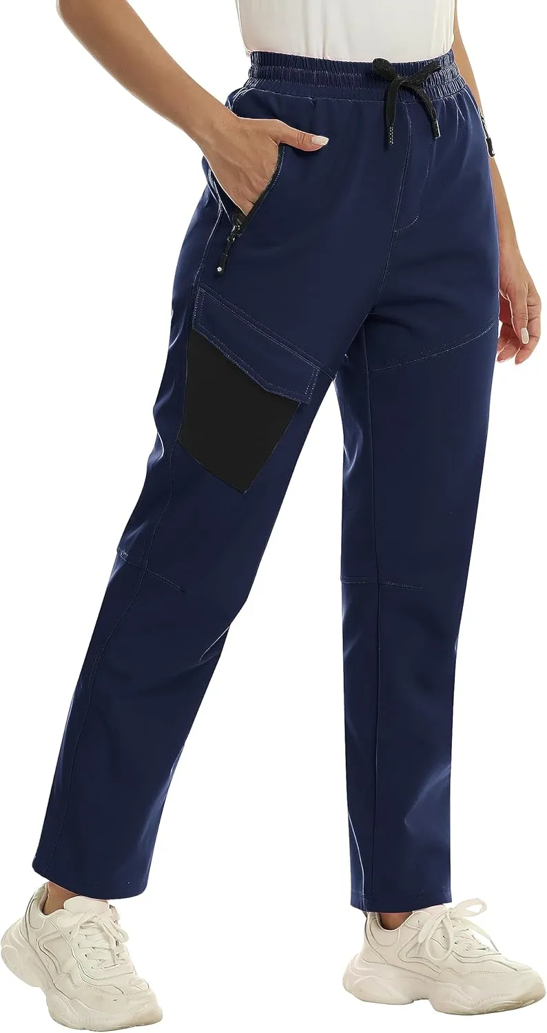 MoFiz Women's Waterproof Windproof Ski Snow Hiking Cargo Pants Warm Fleece Lined Elastic Waisted Zipper Pockets Winter