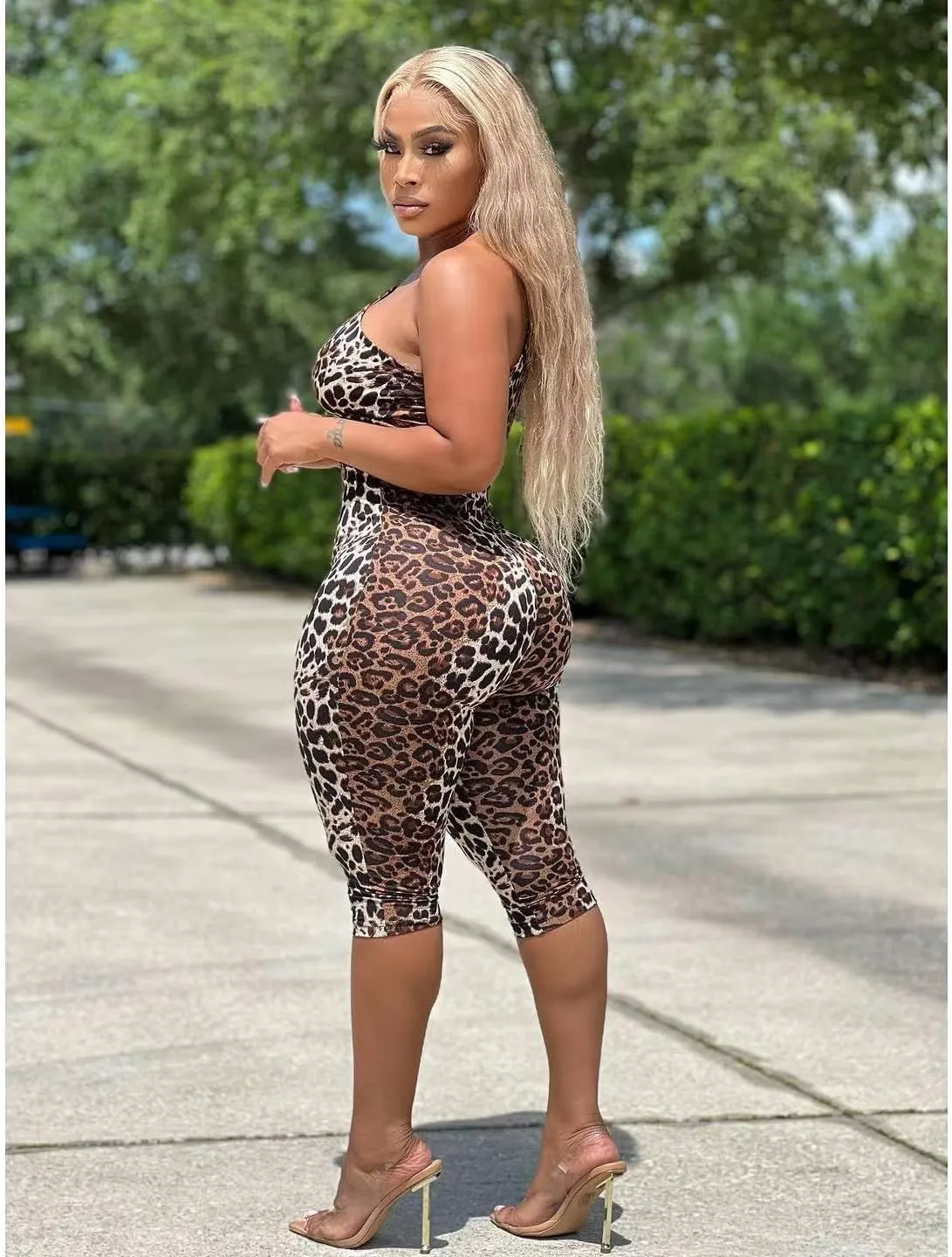 Molilove Women's Cheetah Bodycon Jumpsuit Sexy Cutout Leopard Print One Piece Set Stretch Club Jumpsuits