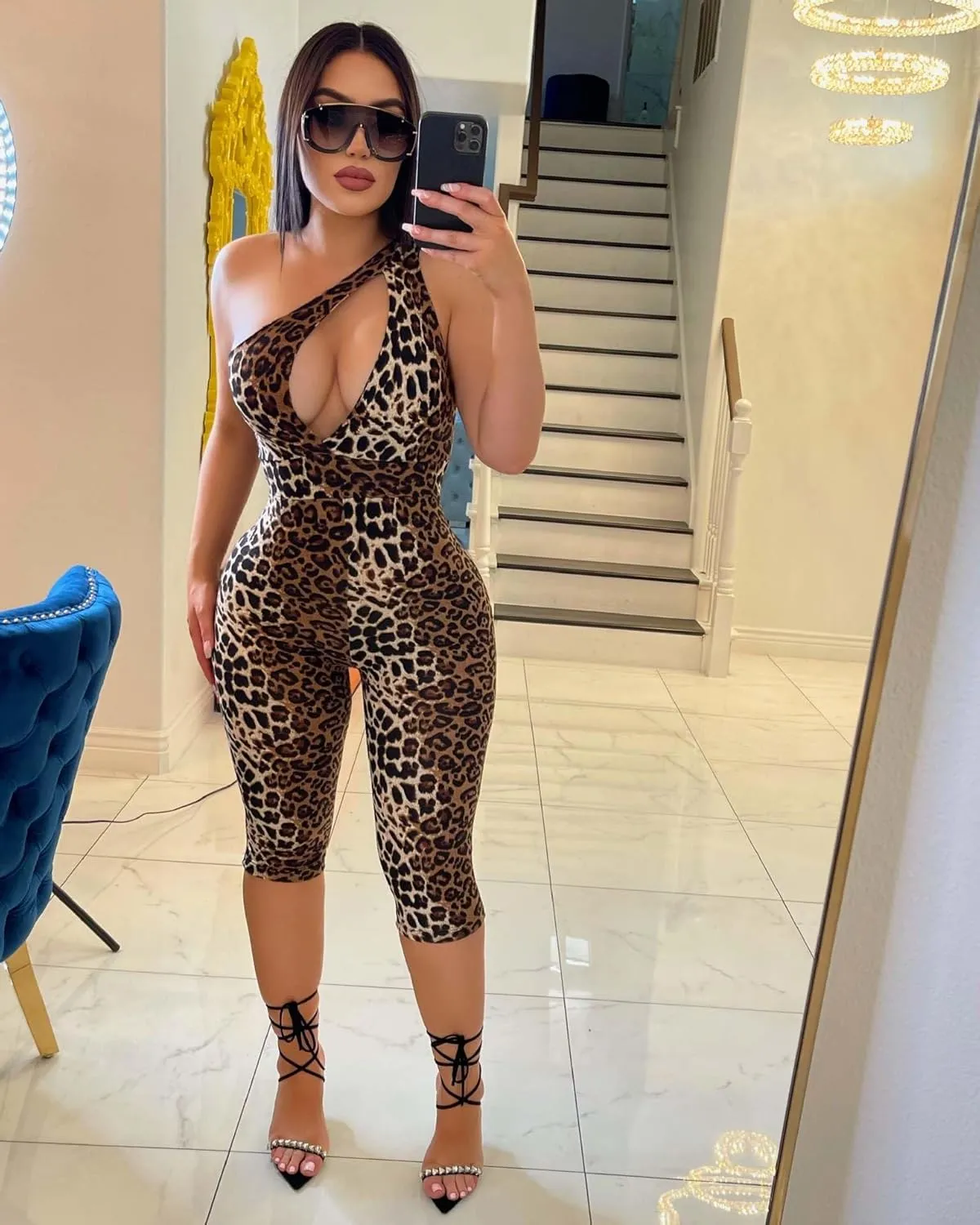 Molilove Women's Cheetah Bodycon Jumpsuit Sexy Cutout Leopard Print One Piece Set Stretch Club Jumpsuits