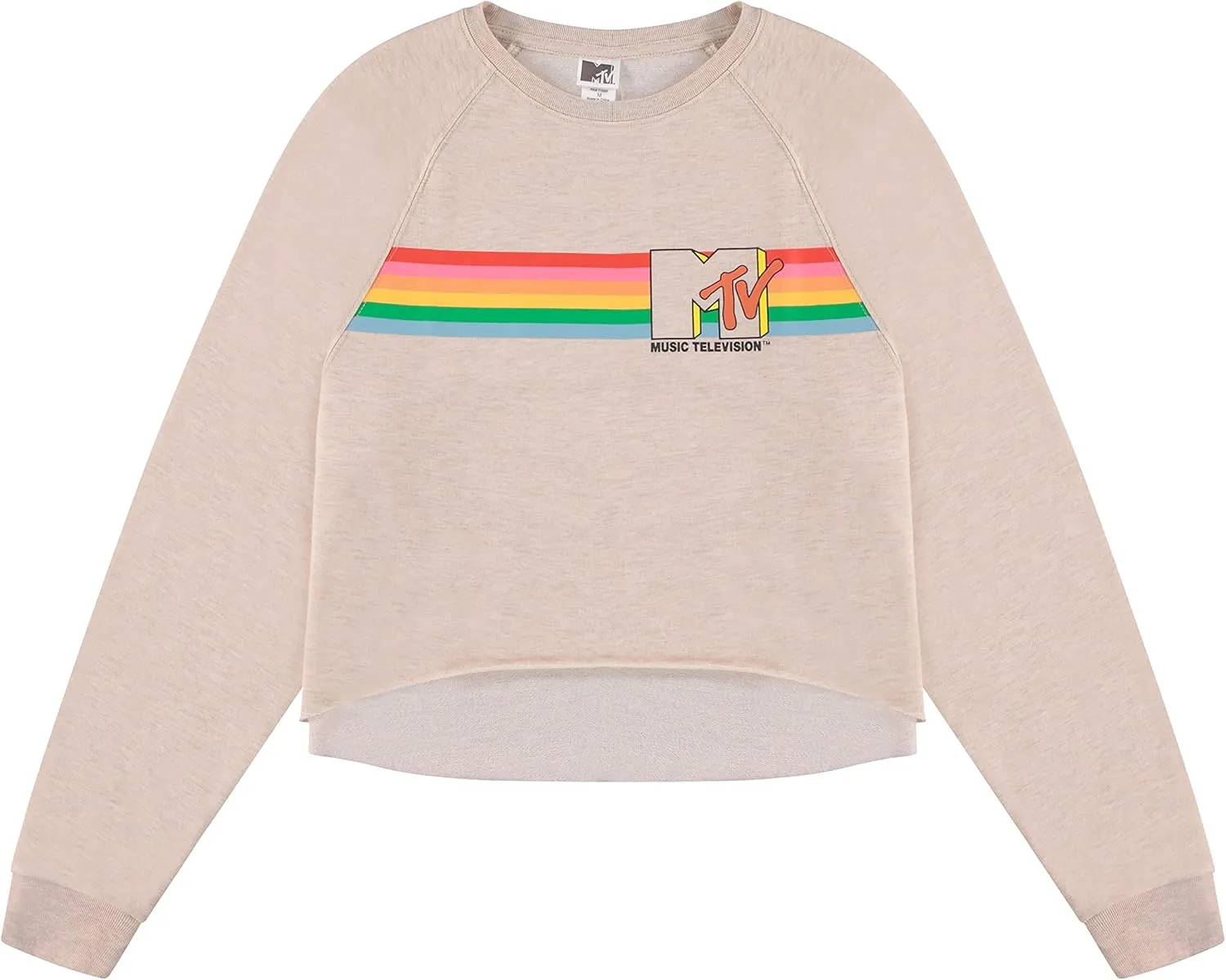 MTV Women's Long Sleeve Raglan Sweatshirt - Nostalgic 90s 'I Want My Print - Casual Raw Edge Fleece Pullover