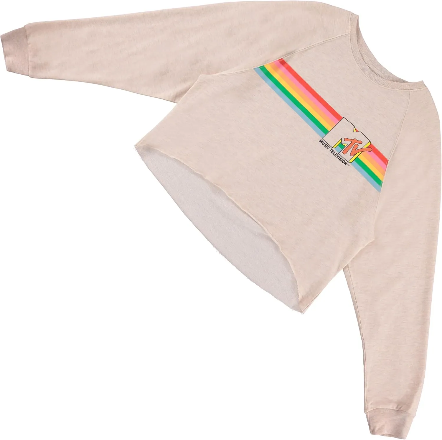 MTV Women's Long Sleeve Raglan Sweatshirt - Nostalgic 90s 'I Want My Print - Casual Raw Edge Fleece Pullover