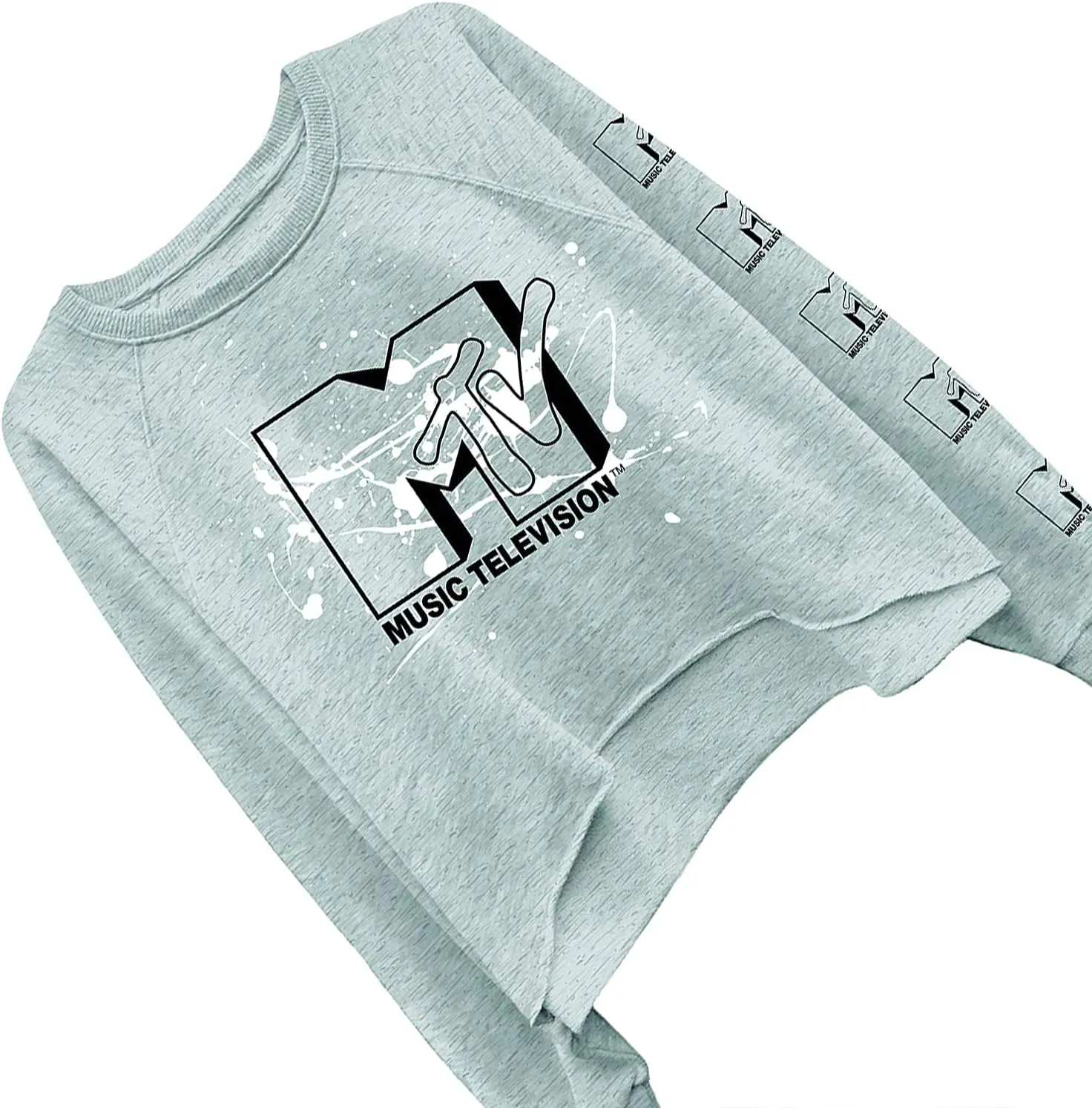 MTV Women's Long Sleeve Raglan Sweatshirt - Nostalgic 90s 'I Want My Print - Casual Raw Edge Fleece Pullover