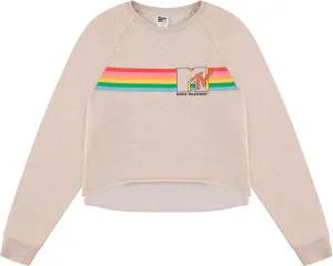 MTV Women's Long Sleeve Raglan Sweatshirt - Nostalgic 90s 'I Want My Print - Casual Raw Edge Fleece Pullover