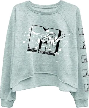 MTV Women's Long Sleeve Raglan Sweatshirt - Nostalgic 90s 'I Want My Print - Casual Raw Edge Fleece Pullover