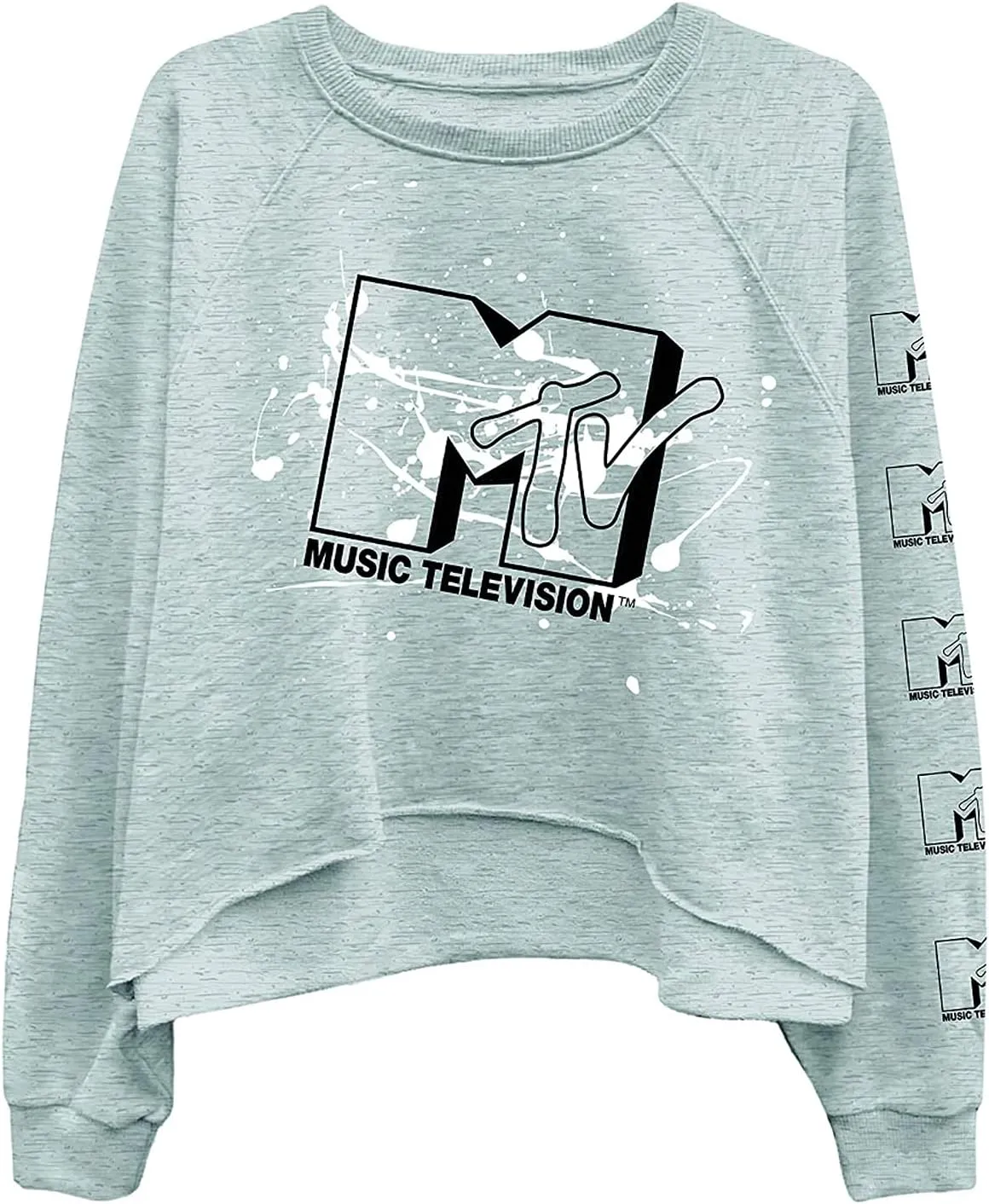MTV Women's Long Sleeve Raglan Sweatshirt - Nostalgic 90s 'I Want My Print - Casual Raw Edge Fleece Pullover