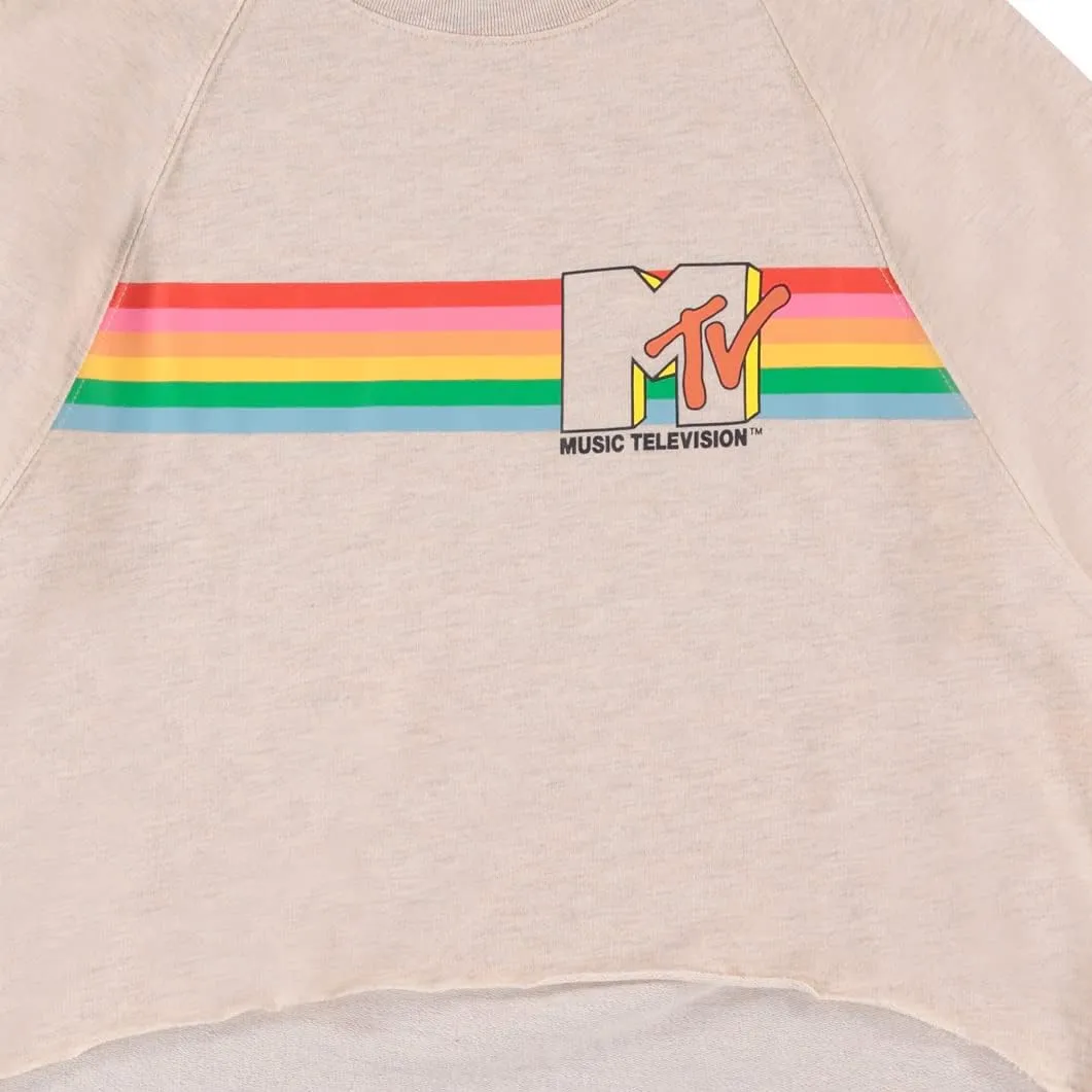 MTV Women's Long Sleeve Raglan Sweatshirt - Nostalgic 90s 'I Want My Print - Casual Raw Edge Fleece Pullover