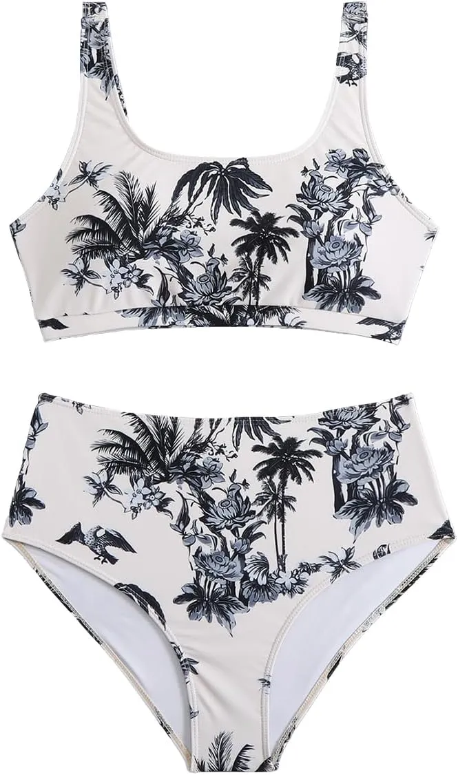 MZEAZRK Women High Waisted Bandeau Bikini Set Push Up Two Piece Swimsuit Funny Solid Adjustable Strap Bathing Suit