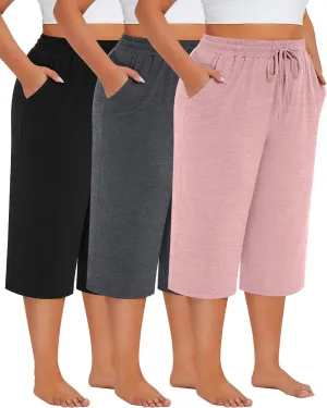 Neer 3 Pack Women's Plus Size Cotton Capris, Stretchy Wide Leg Cropped Pants with Pockets Loose Fit Lounge Pajama Sweatpants