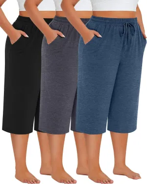 Neer 3 Pack Women's Plus Size Cotton Capris, Stretchy Wide Leg Cropped Pants with Pockets Loose Fit Lounge Pajama Sweatpants