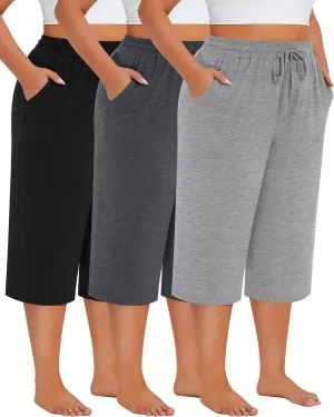 Neer 3 Pack Women's Plus Size Cotton Capris, Stretchy Wide Leg Cropped Pants with Pockets Loose Fit Lounge Pajama Sweatpants