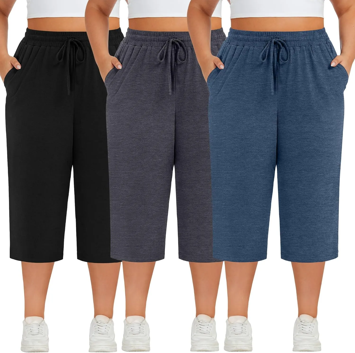 Neer 3 Pack Women's Plus Size Cotton Capris, Stretchy Wide Leg Cropped Pants with Pockets Loose Fit Lounge Pajama Sweatpants
