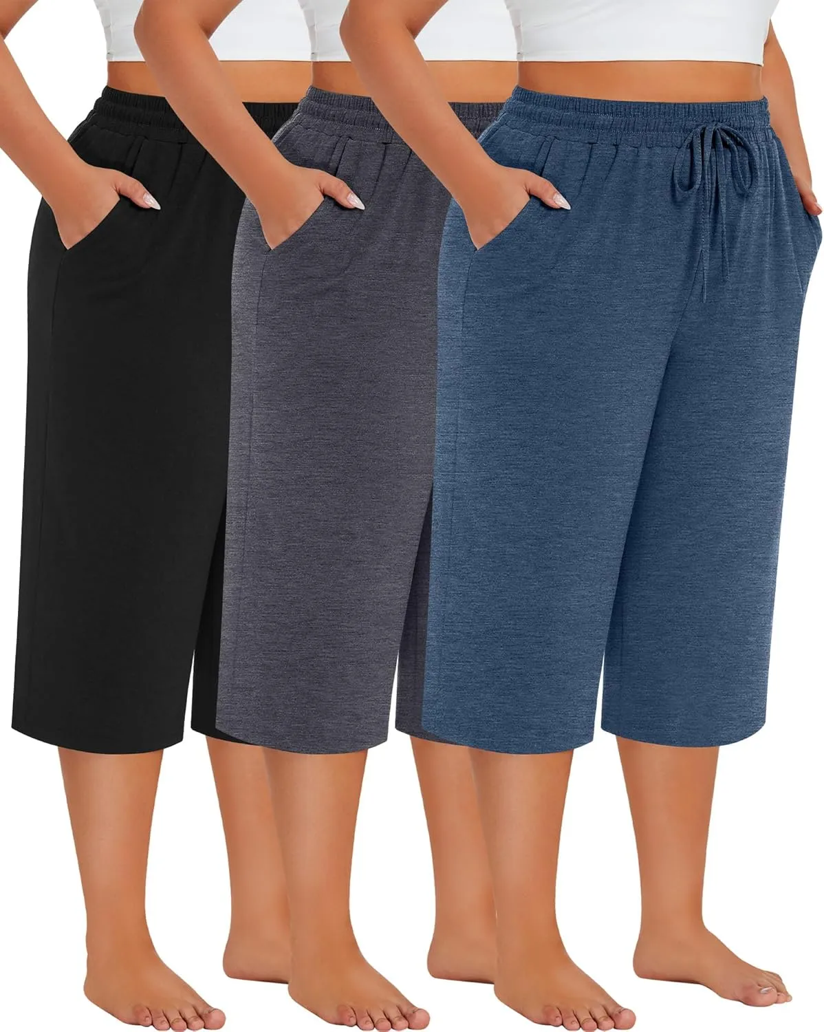 Neer 3 Pack Women's Plus Size Cotton Capris, Stretchy Wide Leg Cropped Pants with Pockets Loose Fit Lounge Pajama Sweatpants