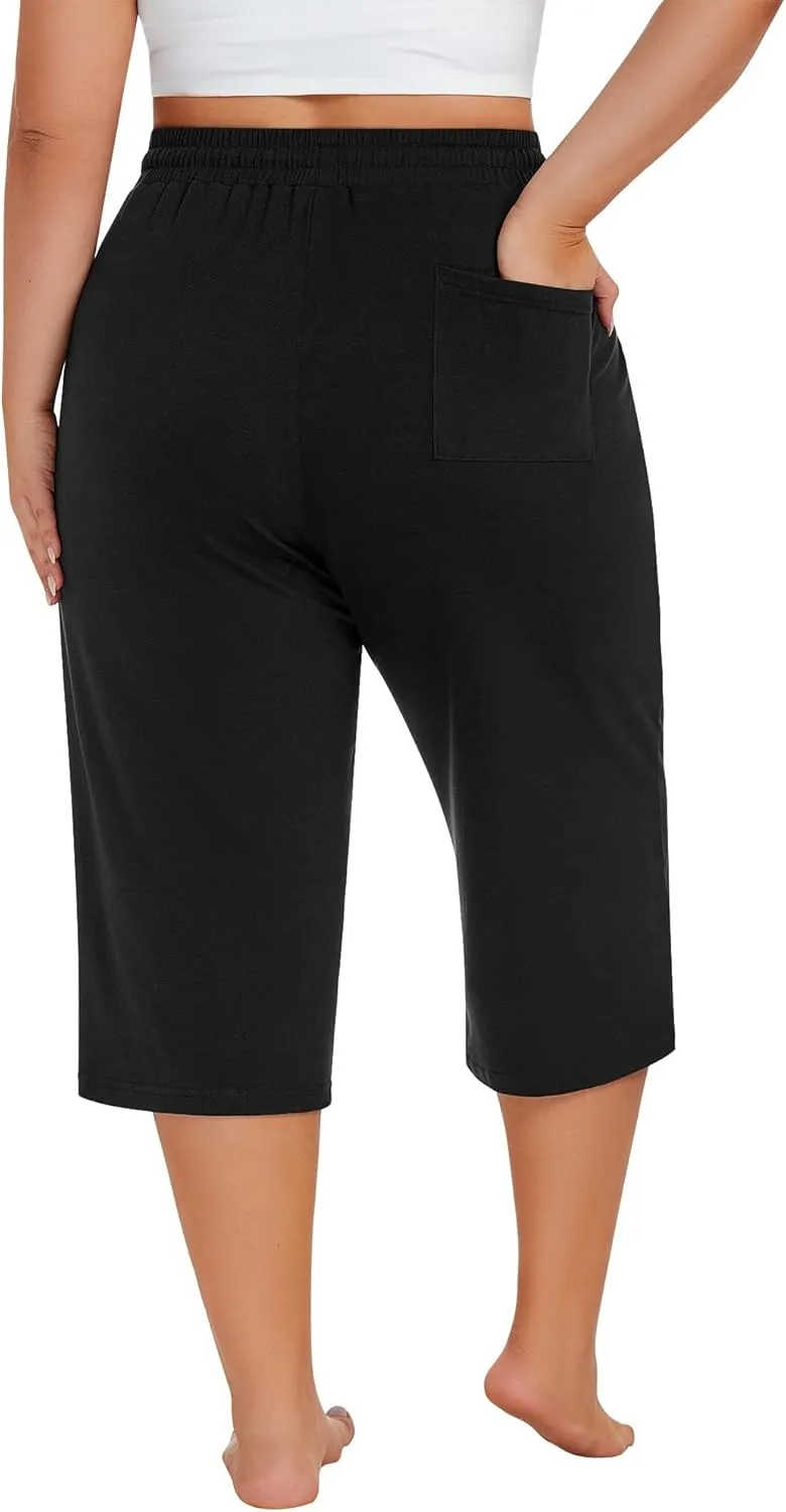 Neer 3 Pack Women's Plus Size Cotton Capris, Stretchy Wide Leg Cropped Pants with Pockets Loose Fit Lounge Pajama Sweatpants