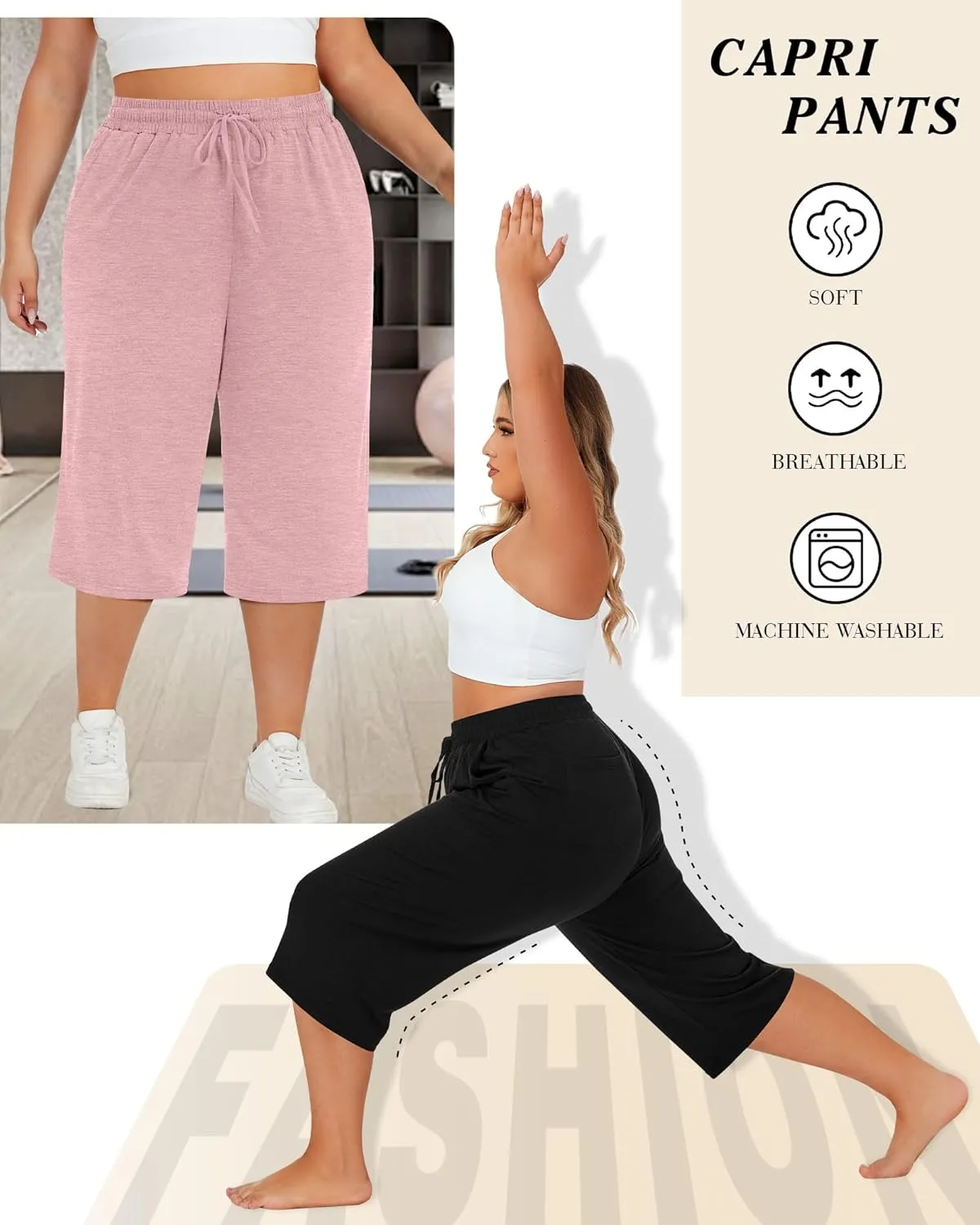 Neer 3 Pack Women's Plus Size Cotton Capris, Stretchy Wide Leg Cropped Pants with Pockets Loose Fit Lounge Pajama Sweatpants