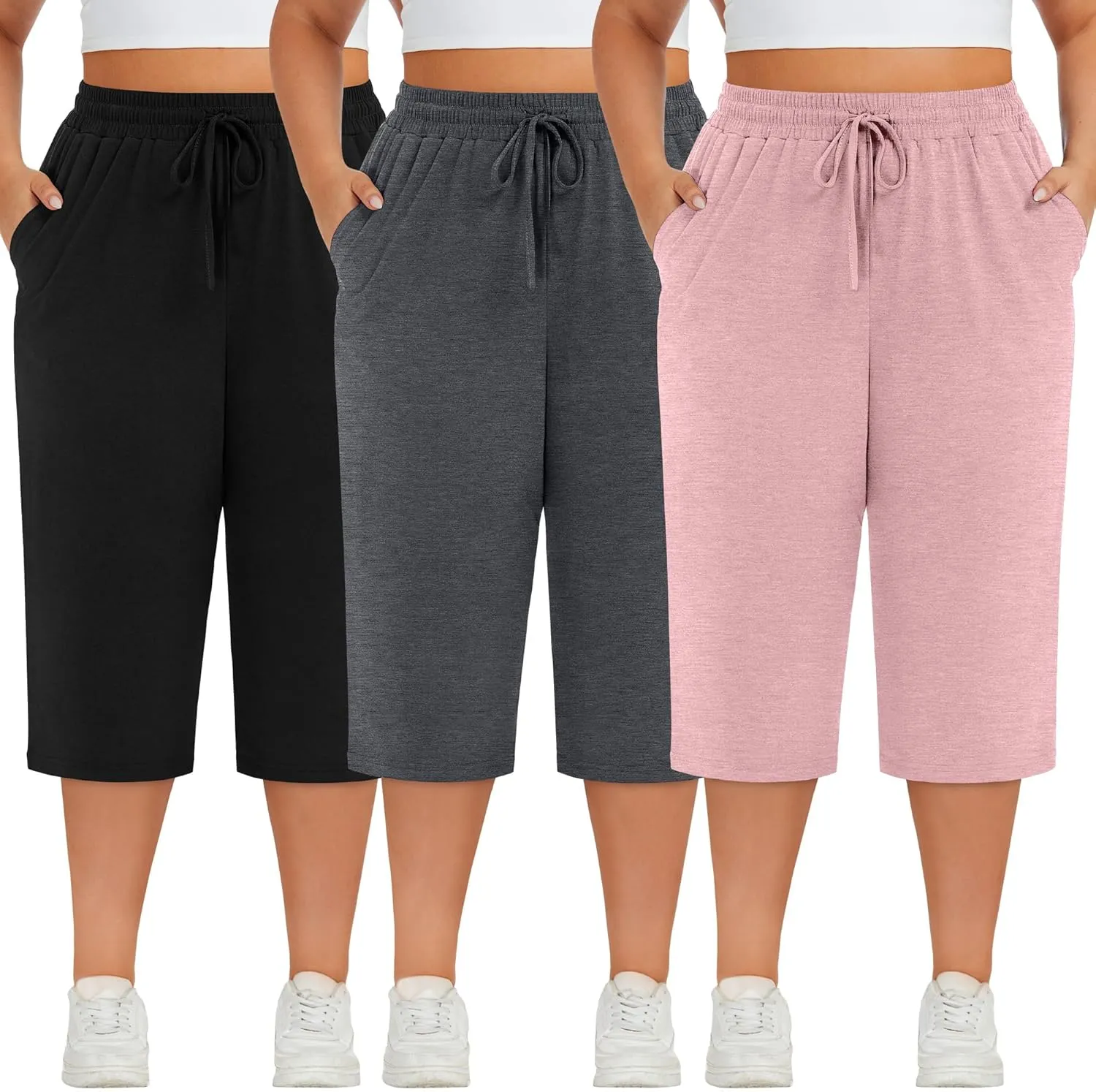 Neer 3 Pack Women's Plus Size Cotton Capris, Stretchy Wide Leg Cropped Pants with Pockets Loose Fit Lounge Pajama Sweatpants