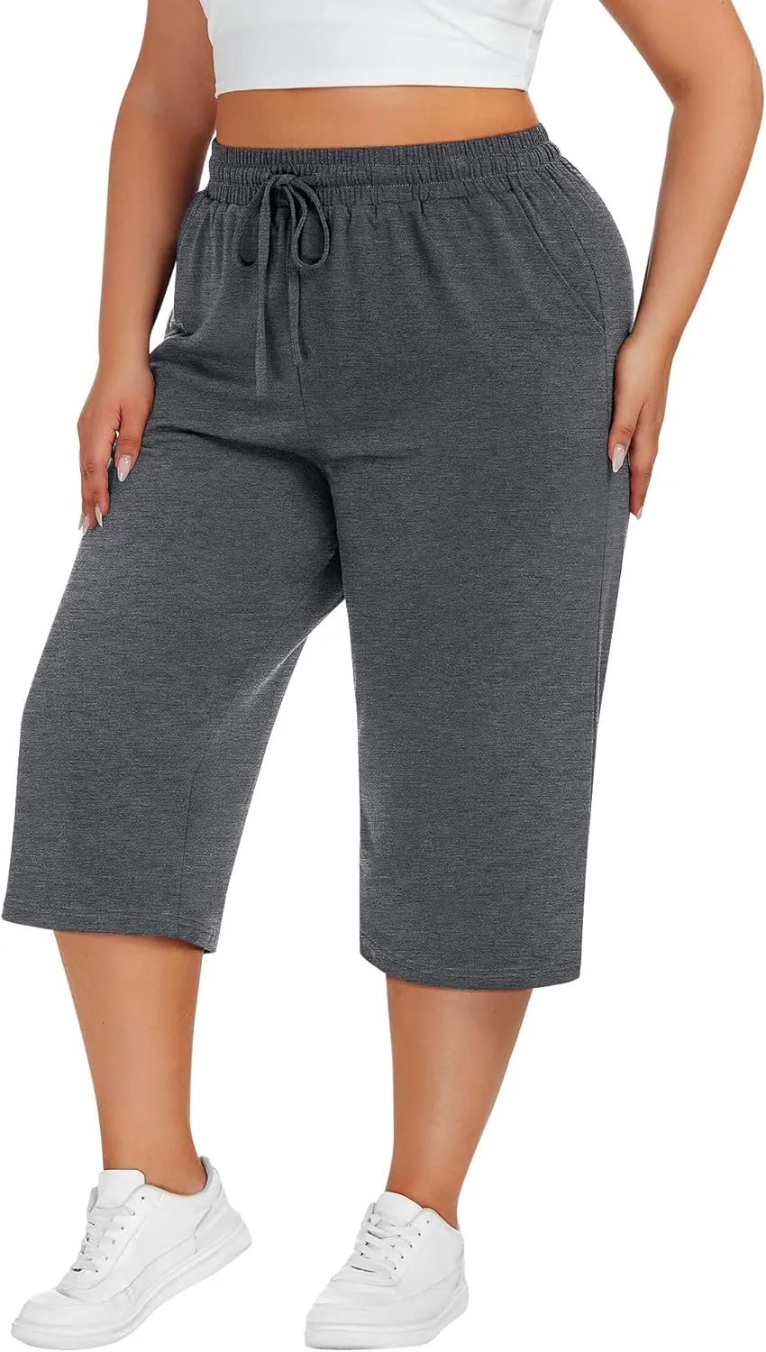 Neer 3 Pack Women's Plus Size Cotton Capris, Stretchy Wide Leg Cropped Pants with Pockets Loose Fit Lounge Pajama Sweatpants