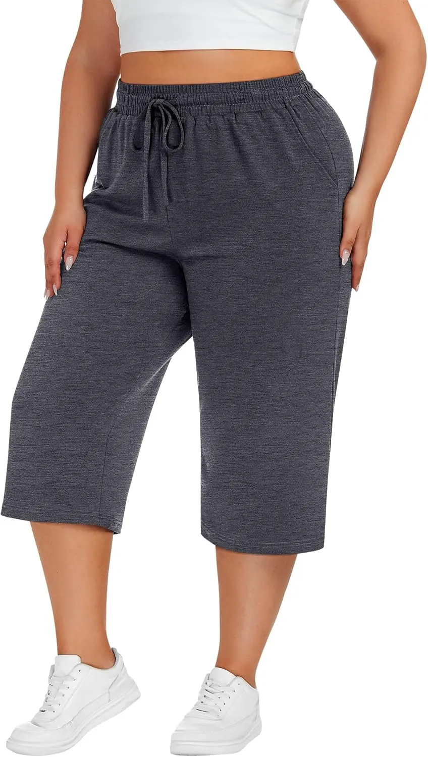 Neer 3 Pack Women's Plus Size Cotton Capris, Stretchy Wide Leg Cropped Pants with Pockets Loose Fit Lounge Pajama Sweatpants