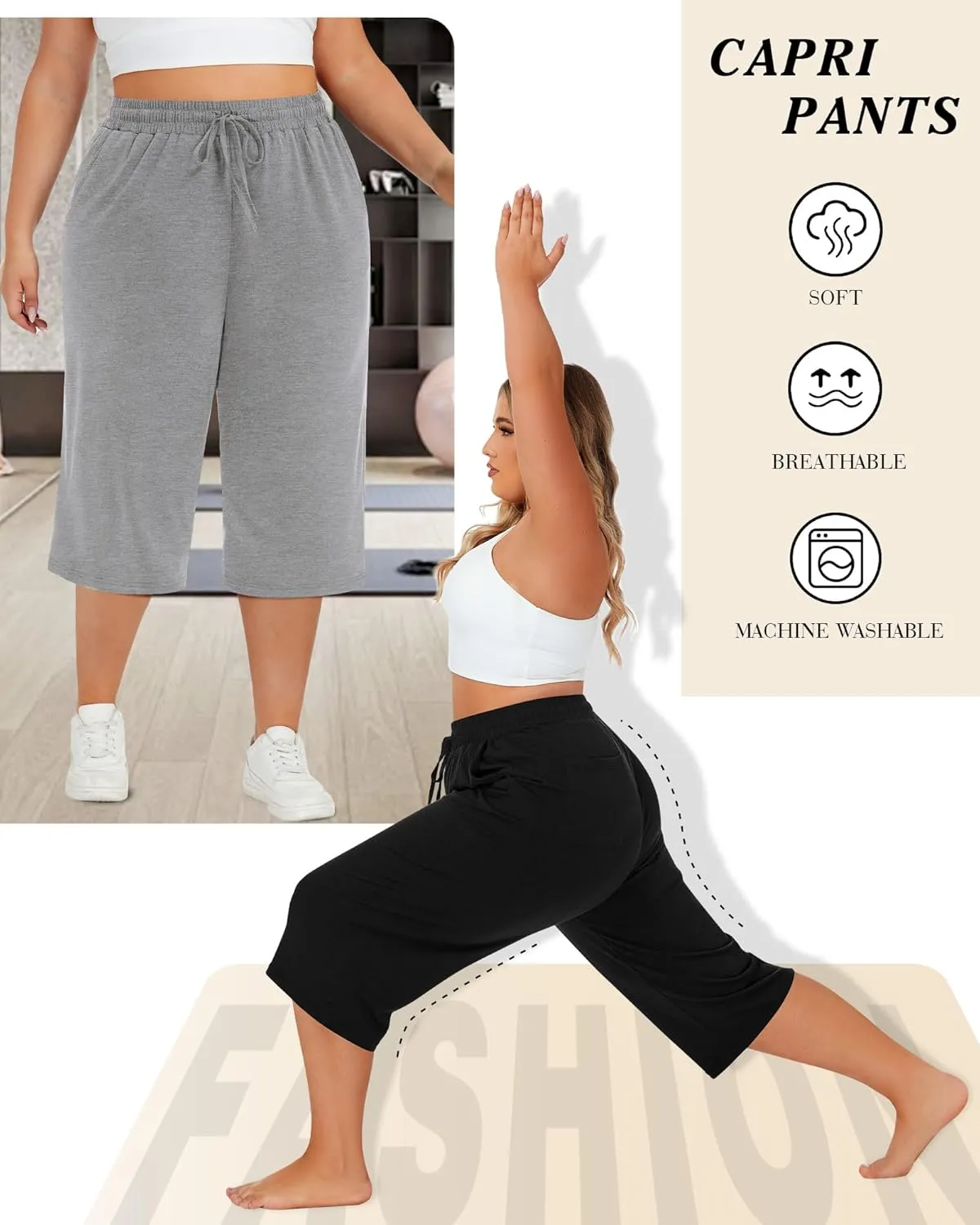 Neer 3 Pack Women's Plus Size Cotton Capris, Stretchy Wide Leg Cropped Pants with Pockets Loose Fit Lounge Pajama Sweatpants