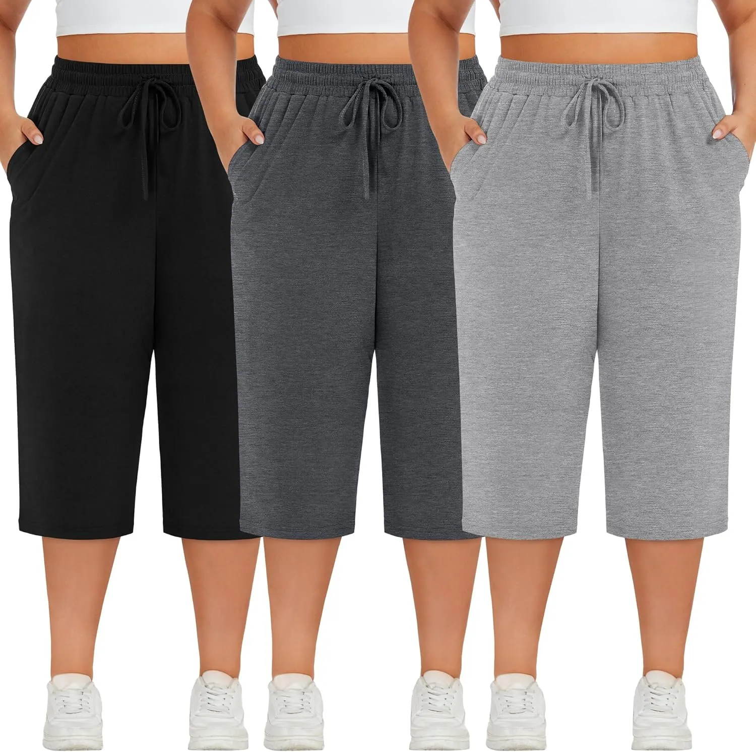 Neer 3 Pack Women's Plus Size Cotton Capris, Stretchy Wide Leg Cropped Pants with Pockets Loose Fit Lounge Pajama Sweatpants