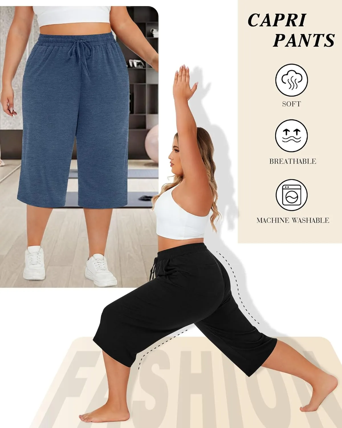 Neer 3 Pack Women's Plus Size Cotton Capris, Stretchy Wide Leg Cropped Pants with Pockets Loose Fit Lounge Pajama Sweatpants