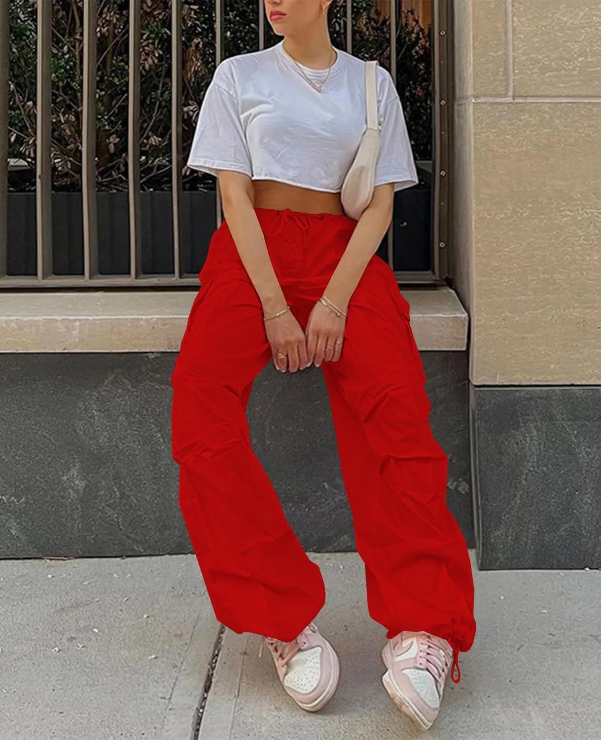 Neyaolk Parachute Pants for Women, Cargo Pants Women Baggy, Y2K Low Waist Wide Leg Baggy Relaxed Jogger Pants